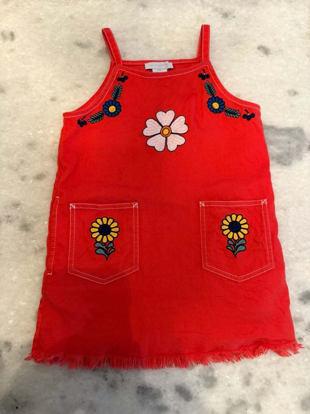 Stella McCartney Kids Red Floral Embroidered Denim Pinafore Dress